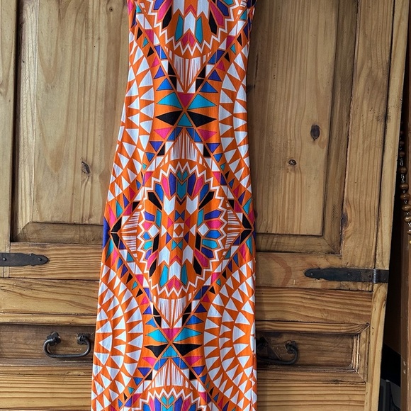 Geometric Aztec Southwestern Long Tank Maxi Dress Orange Blue Turquoise - XS - Picture 3 of 15